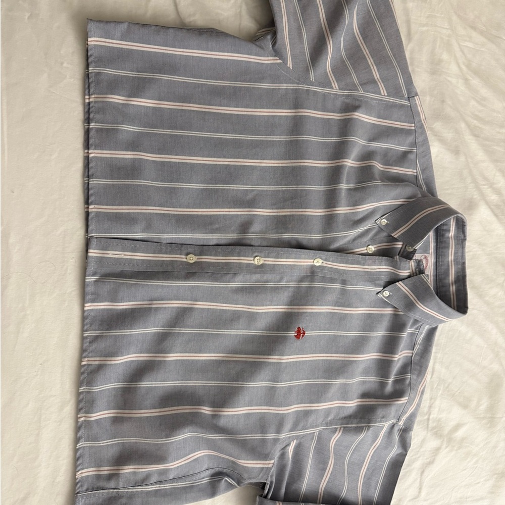 Men's Light Blue Stripe Button-Down Shirt with Pink Accents